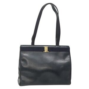 Authentic Salvatore Ferragamo Vala Shoulder Bag Leather Navy Gold